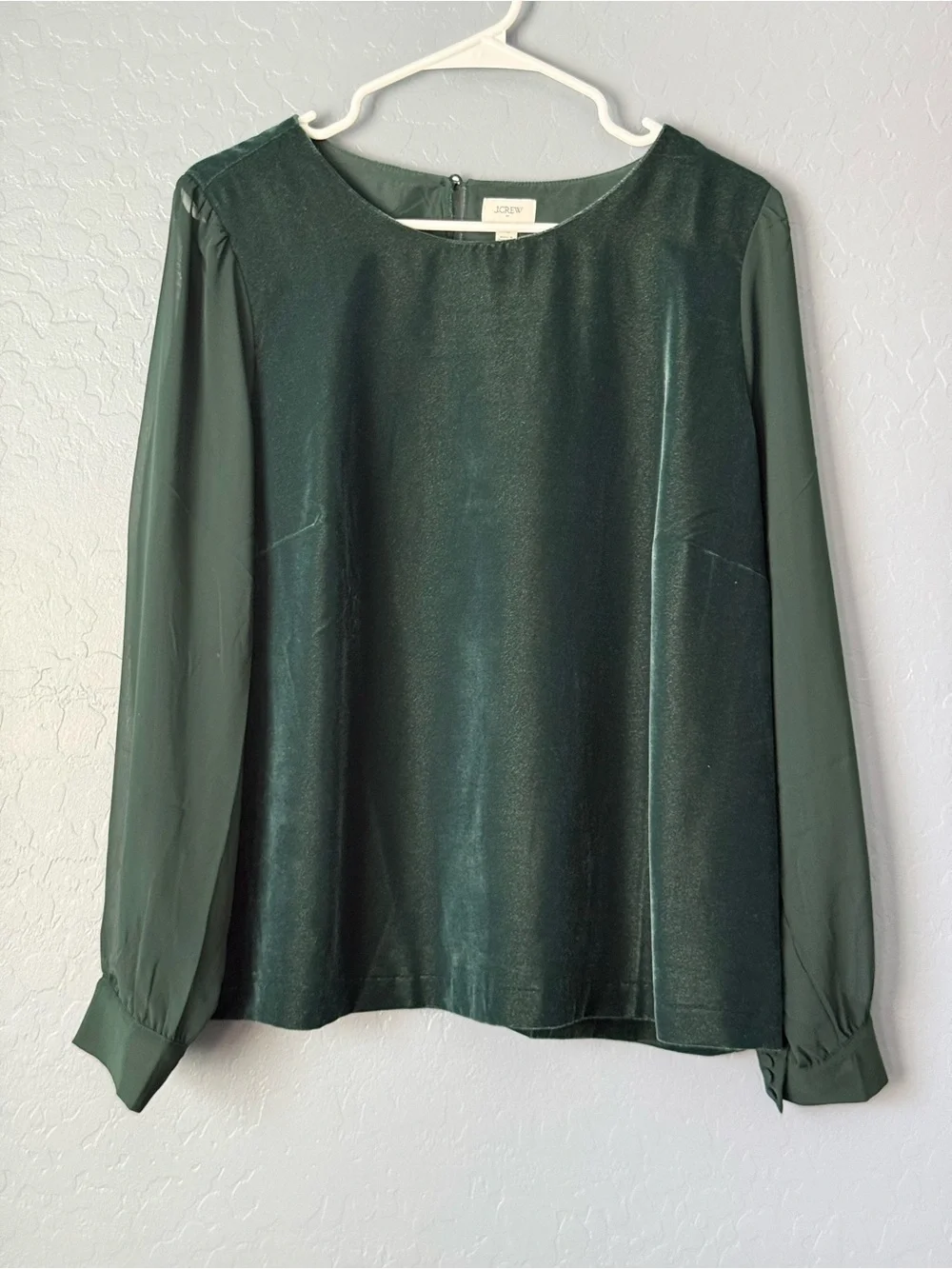 J. Crew NWOT - Dark Green Velvet Front Long-Sleeve Blouse XL